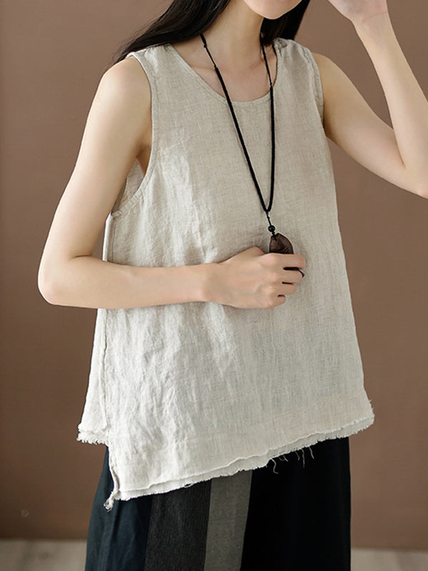 xakxx Loose Sleeveless Fringed Solid Color Round-Neck Vest Top