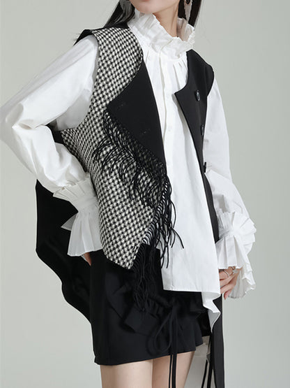 xakxx Ruffle Sleeves Sleeveless Asymmetric Buttoned Houndstooth Vest Outerwear