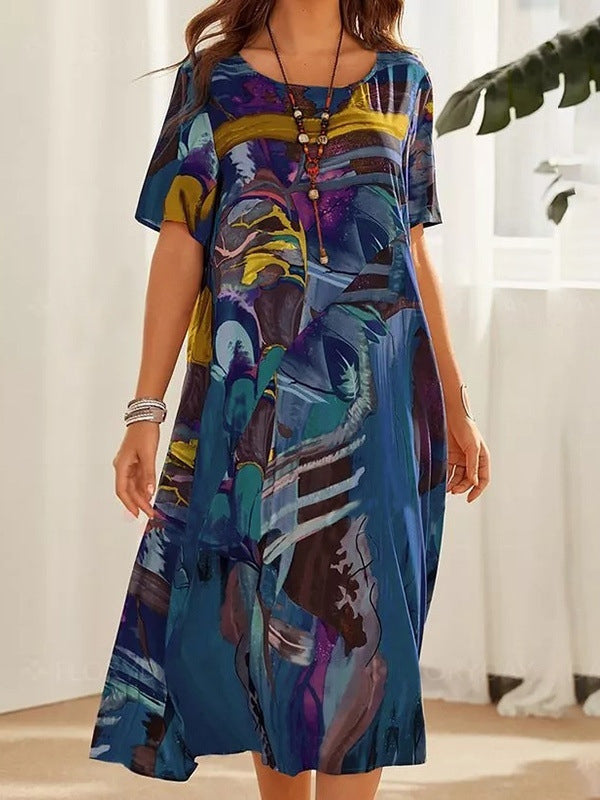 xakxx A-Line Loose Printed Round-Neck Midi Dresses