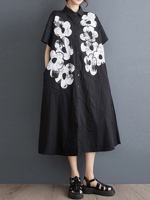 xakxx A-Line Loose Asymmetric Buttoned Flower Print Lapel Midi Dresses Shirt Dress