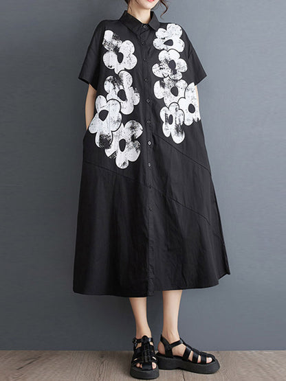 xakxx A-Line Loose Asymmetric Buttoned Flower Print Lapel Midi Dresses Shirt Dress