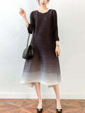 xakxx Original Long Sleeves Loose Pleated Gradient Round-Neck Midi Dresses