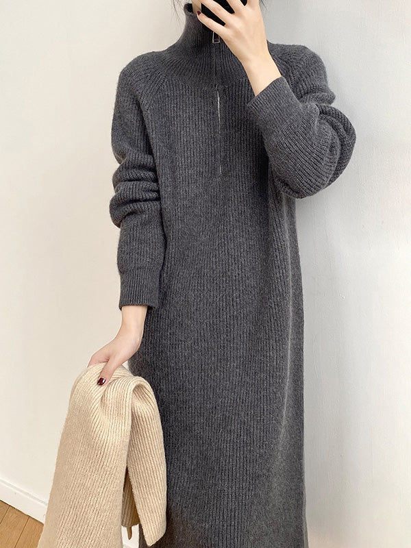 xakxx Casual Loose Long Sleeves Solid Color Zipper High-Neck Sweater Dresses