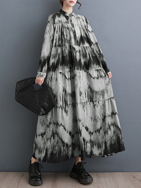 xakxx Long Sleeves Loose Pleated Split-Joint Tie-Dyed Stand Collar Midi Dresses