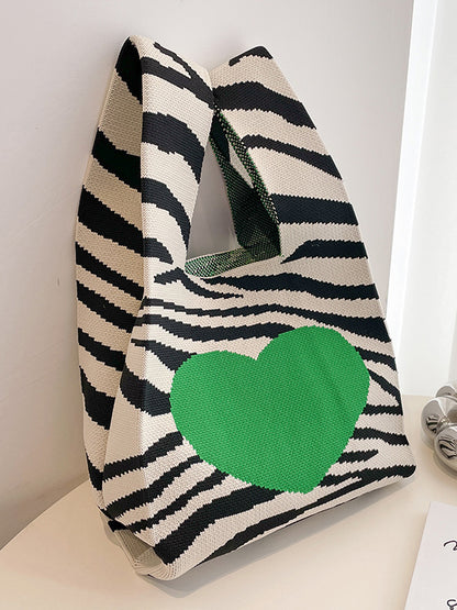 xakxx Heart Print Zebra-Stripe Bags Woven Handbag