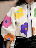 xakxx Contrast Color Colorful Flower Print Zipper Stand Collar Jackets Outerwear