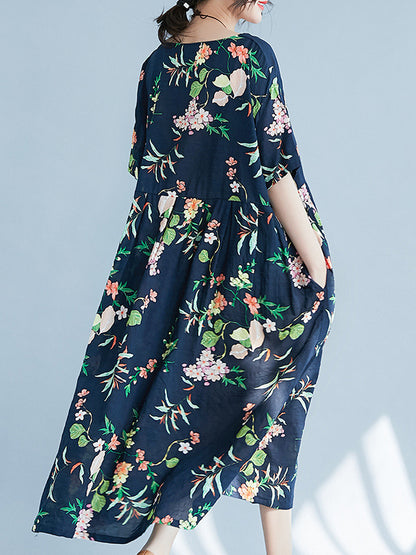 xakxx A-Line Loose Flower Print Round-Neck Midi Dresses