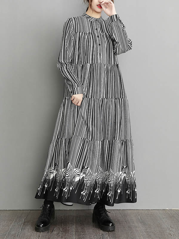 xakxx Vintage Loose Striped Buttoned Stand Collar Long Sleeves Midi Dress