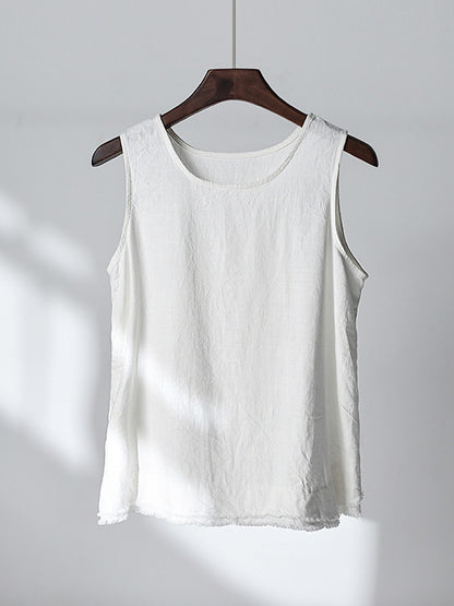 xakxx Loose Sleeveless Fringed Solid Color Round-Neck Vest Top