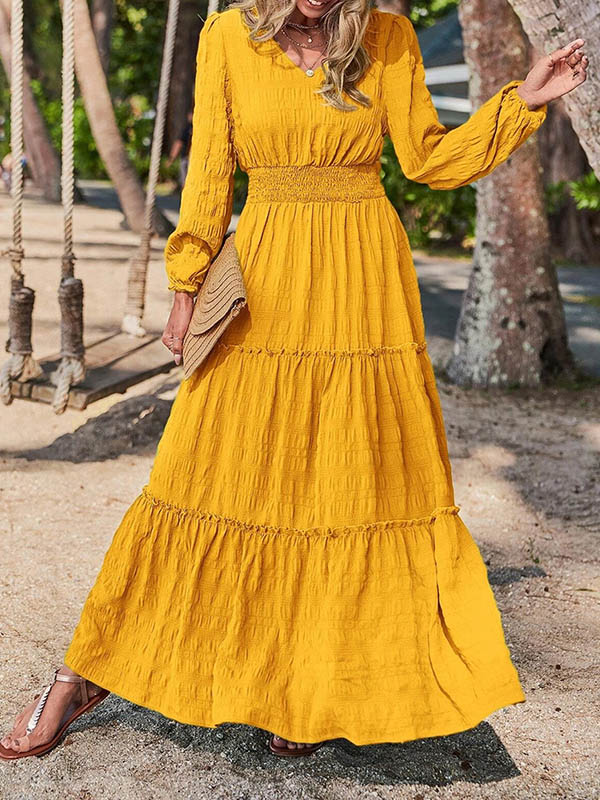 xakxx A-Line Long Sleeves Elasticity Solid Color Split-Joint V-Neck Maxi Dresses