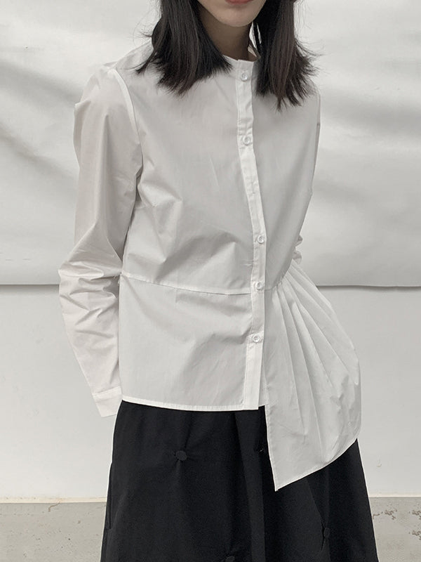 xakxx Long Sleeves Asymmetric Buttoned Pleated Solid Color Round-Neck Blouses&Shirts Tops