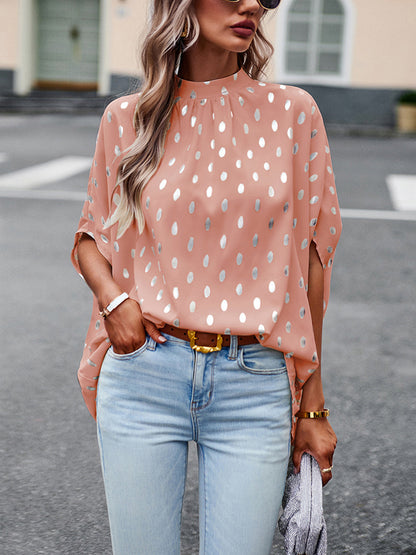 xakxx Loose Bandage Polka Dot Round-Neck Blouses&Shirts Tops