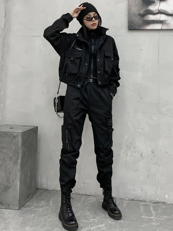 xakxx Original Black Pocket Zipper Split-Joint Overalls Pants