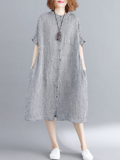 xakxx Artistic Retro Loose Split-Joint Plaid Buttoned Stand Collar Half Sleeves Midi Dress