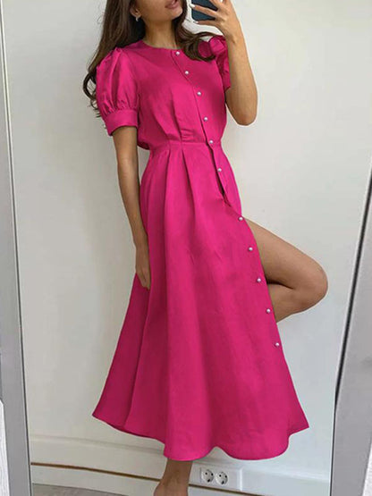 xakxx High Waisted Loose Buttoned Round-Neck Midi Dresses