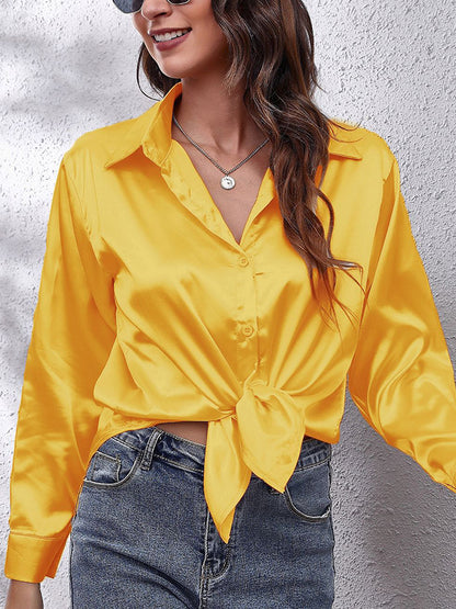 xakxx Long Sleeves Loose Solid Color Lapel Blouses&Shirts Tops