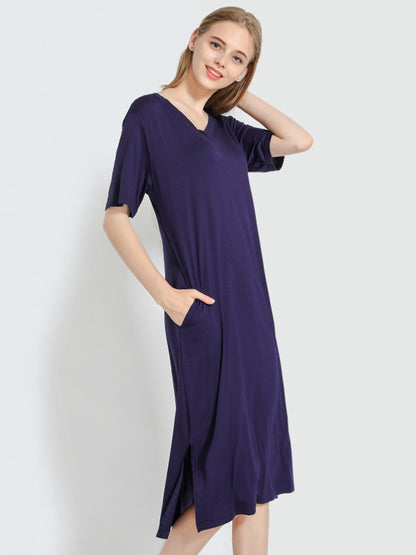 xakxx Simple Short Sleeves Loose Split-Side Solid Color V-Neck Pajamas Dress