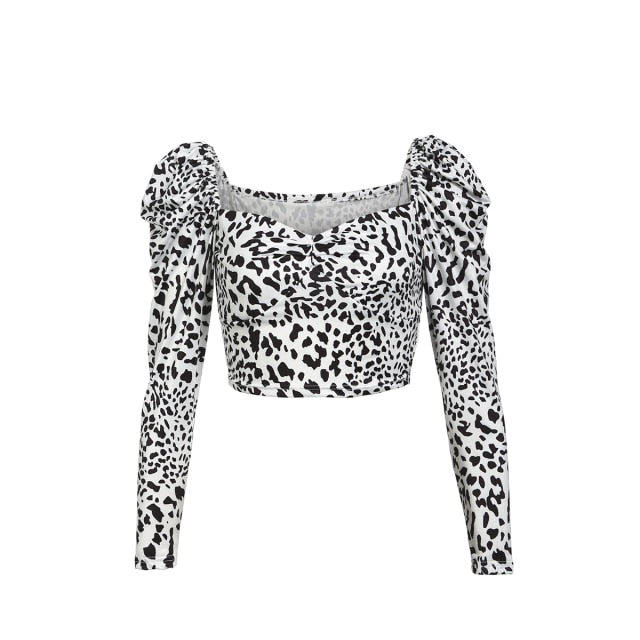 xakxx Sexy French Style Vintage Women Square Neck Leopard print Pullover Tops Puff Long Sleeve Crop Tops Shirts Blouse Tops