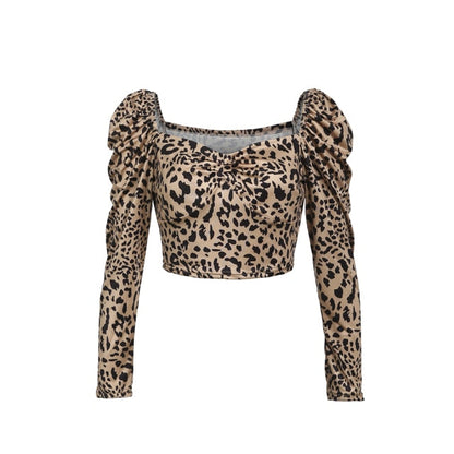 xakxx Sexy French Style Vintage Women Square Neck Leopard print Pullover Tops Puff Long Sleeve Crop Tops Shirts Blouse Tops