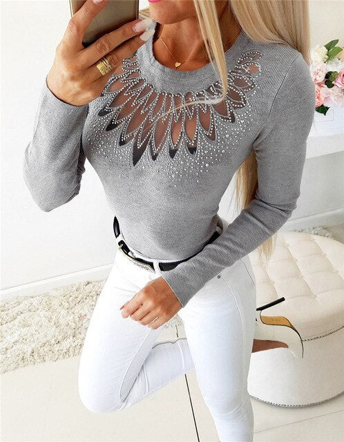 Elegant Women Autumn Winter Slim T-Shirts Patchwork Hollow Out Design Beading Decor See Through O-Neck Long Sleeve Solid Top