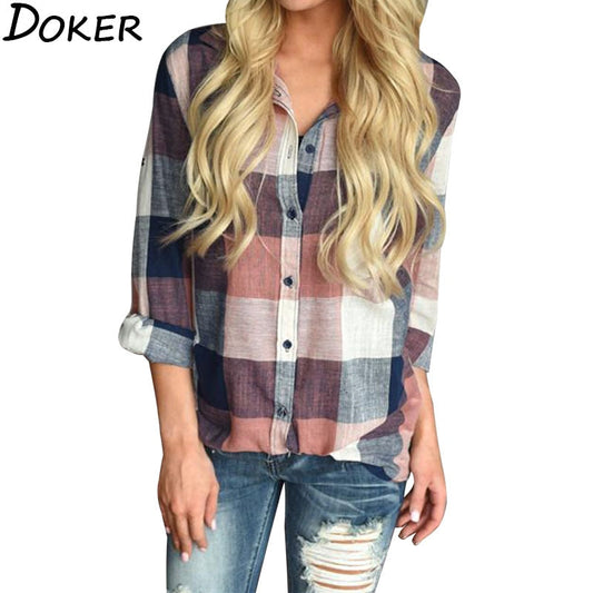 Womens Plaid Top Plus Size  Clothes  Turn Down Collar Long Sleeve  Woman Shirts  Streetwear Women Tops And Blouses