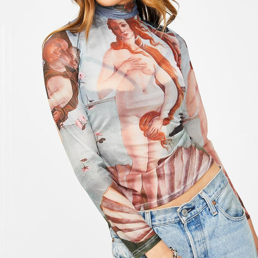 Birth Of Venus Tattoo Mesh Top Long Sleeve Mock Neck Cropped Top Womens T-shirts Sexy Party Club Outfit /