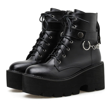 xakxx New Chain Women Leather Autumn Boots Block Heel Gothic Black Punk Style Platform Shoes Female Footwear High Quality