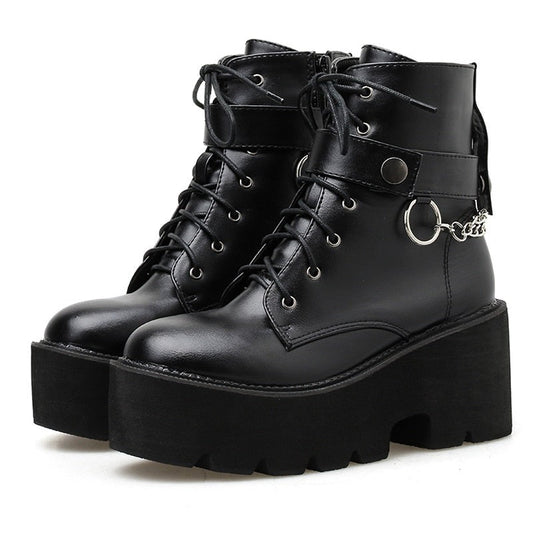 xakxx New Chain Women Leather Autumn Boots Block Heel Gothic Black Punk Style Platform Shoes Female Footwear High Quality