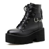 xakxx New Chain Women Leather Autumn Boots Block Heel Gothic Black Punk Style Platform Shoes Female Footwear High Quality