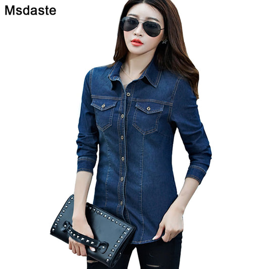 xakxx Jeans Shirt women 2019 Long Sleeve Slim Casual Vintage Elastic Ladies Denim Shirts Tops Blusas Feminina Woman Blouses and Tops