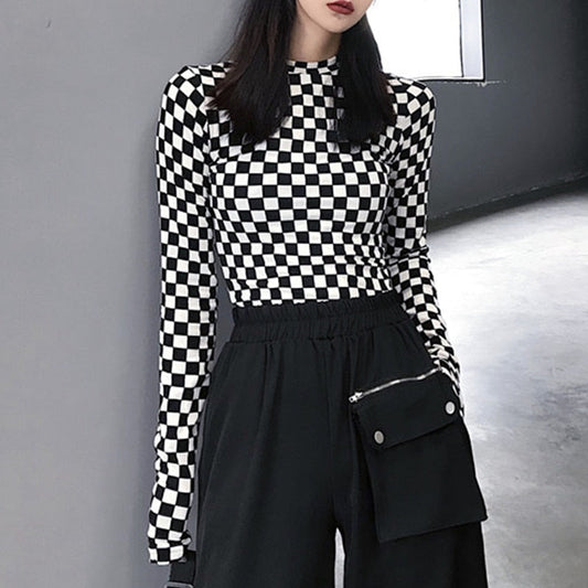 Black &amp; White Checkered Mesh Top Long Sleeve Mock Neck Cropped Top Women&#39;s  T-shirts Altgirl Outfit /