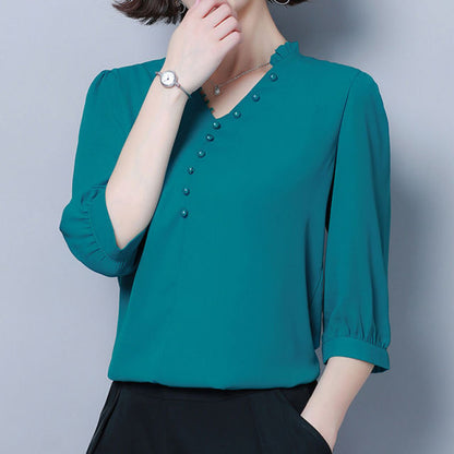 xakxx xakxx Plus size solid color chiffon shirt women beaded simple style temperament V-neck foreign sleeve Blouses female spring summer