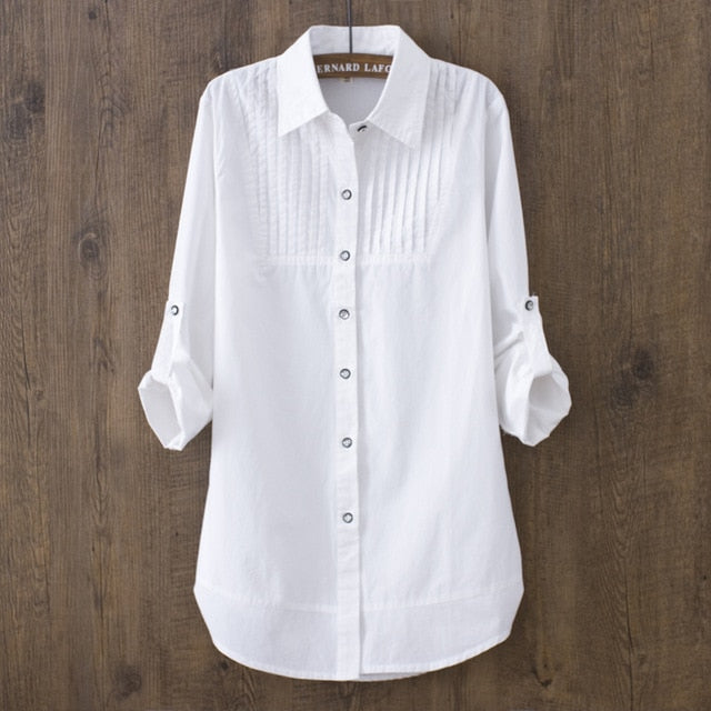 xakxx 100% Cotton  Spring Summer Women White Blouse Long-Sleeved Slim Cotton Casual Work White Shirts Office Lady Button Tops 0.22