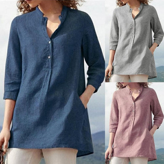 xakxx Women blouses spring autumn tops leisure white shirts button v neck cardigan top loose long sleeve linen shirt cotton blouses