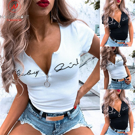 Fashion Women Summer Casual T-Shirts Patchwork Design Zipper Decor O-Neck Short Sleeve Letter Print Slim Pullovers Top