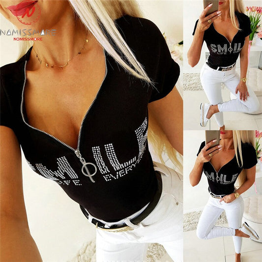 Sexy Women Summer Leter Print T-Shirts Patchwork Design Zipper Decor V-Neck Short Sleeve Slim Pullovers Top for Streetwear