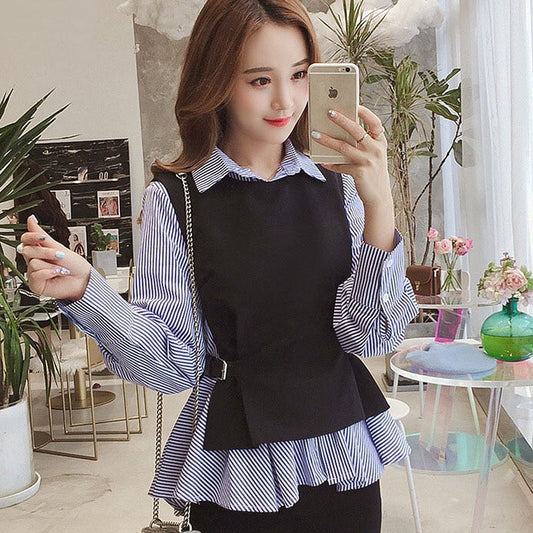 Female Patchwork Shirt Womens Tops Office Blouse Fake Collar ladies Blue Stripe Slim Casual Autumn Warm Shirts  Long Sleeve 2PC