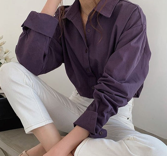 xakxx Vintage Turn-down Collar Women Blouse Shirts Autumn Winter Thicken Female Blouse Tops Workwear Purple Shirts