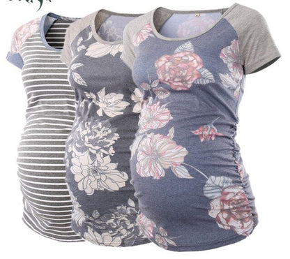 Maternity Baseball Crew Neck Tops Flattering Side Ruching Pregnancy T-Shirt Maternity Clothes Summer Tunic  Tops Women Tees