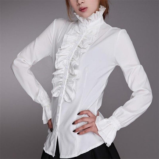 Fashion Victorian Blouses Women OL Office Ladies White Shirt High Neck Frilly Ruffle Cuffs Shirts Female Blouse