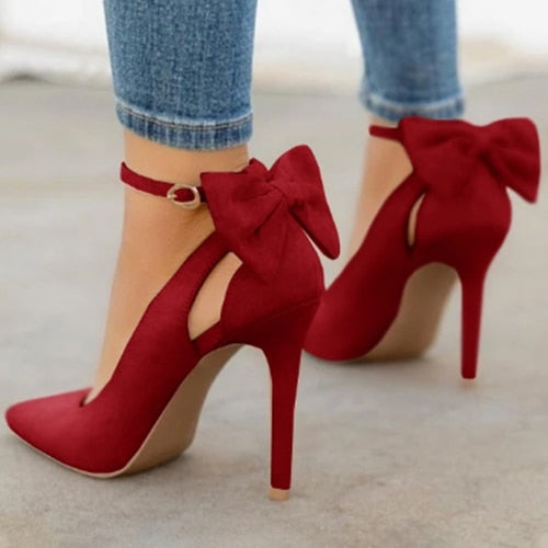 Women Pointed Toe High Heels Woman Thin Heels Ladies Sexy Pumps Ladies Buckle Strap Female Fashion Bowknot Shoes Plus Size 34-43