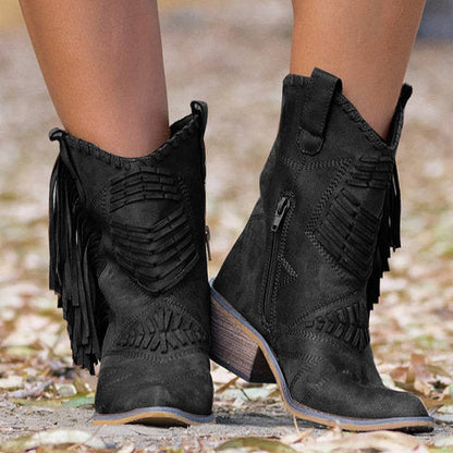 xakxx Nice New Boho Flock Leather Women Boots Fringe Flat Heels Woman Med High Solid Boots Woman Tassel Botas Mujer Botte Femme AB862