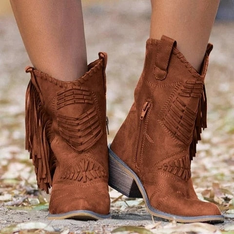 xakxx Nice New Boho Flock Leather Women Boots Fringe Flat Heels Woman Med High Solid Boots Woman Tassel Botas Mujer Botte Femme AB862