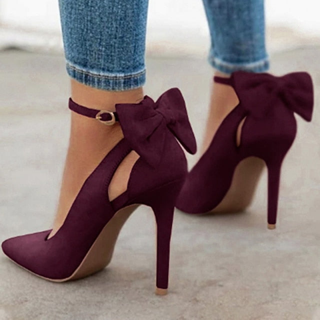 Women Pointed Toe High Heels Woman Thin Heels Ladies Sexy Pumps Ladies Buckle Strap Female Fashion Bowknot Shoes Plus Size 34-43