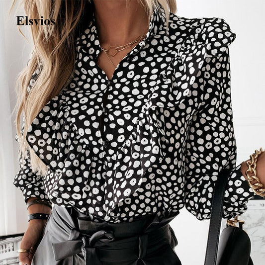 Ladies Polka Dot Print Ruffle Blouse Shirt  Autumn Winter Long Sleeve V-Neck Shirts Tops Elegant Office Women Button Blusas