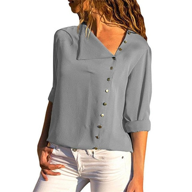 xakxx Women Tops And Blouses  Fashion Long Sleeve Skew Collar Chiffon Blouse Casual Tops Plus Size Elegent Work Wear Shirt