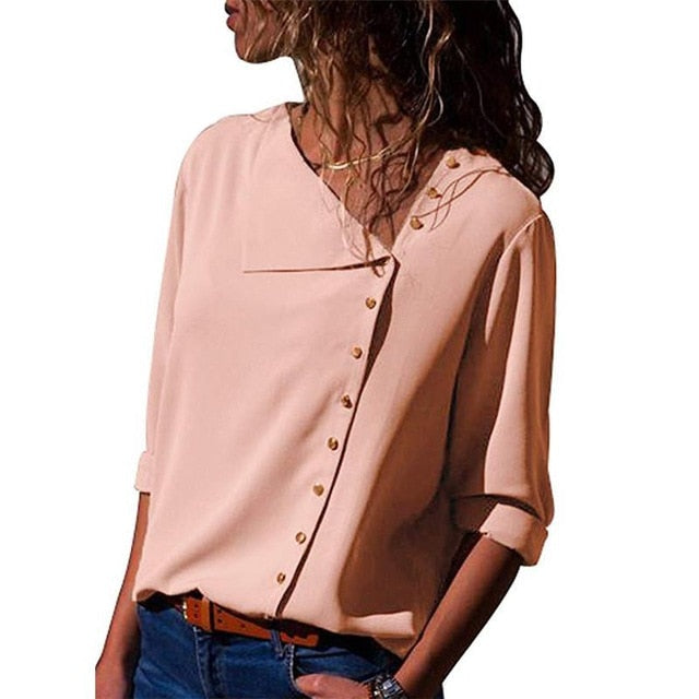 xakxx Women Tops And Blouses  Fashion Long Sleeve Skew Collar Chiffon Blouse Casual Tops Plus Size Elegent Work Wear Shirt