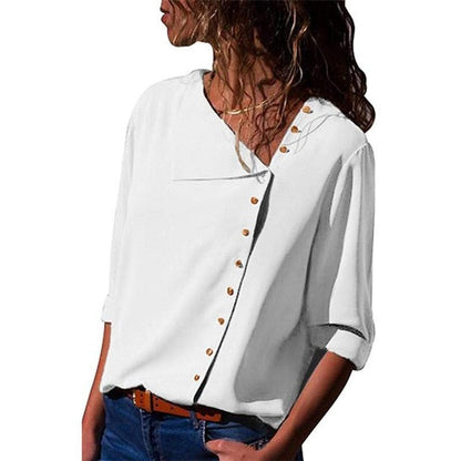 xakxx Women Tops And Blouses  Fashion Long Sleeve Skew Collar Chiffon Blouse Casual Tops Plus Size Elegent Work Wear Shirt