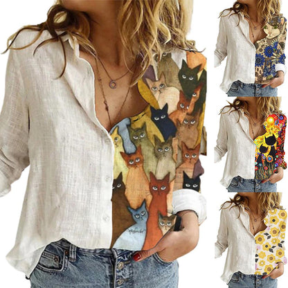 Women Long Sleeve printing Shirts Sexy Shirt Fashion Women Buttons Long Sleeve Sunflower Cats Patchwork Blouses Office Shirt