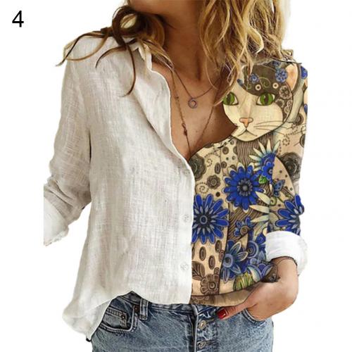 Women Long Sleeve printing Shirts Sexy Shirt Fashion Women Buttons Long Sleeve Sunflower Cats Patchwork Blouses Office Shirt